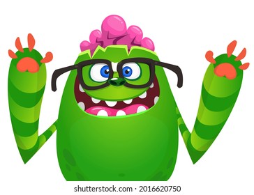 Funny cartoon monster character waving hands. Illustration of cute and happy mythical alien creature. Halloween design. Great for party decoration or package design
