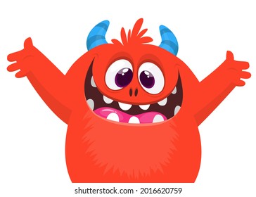 Funny cartoon monster character waving hands. Illustration of cute and happy mythical alien creature. Halloween design. Great for party decoration or package design