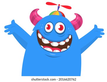Funny cartoon monster character waving hands. Illustration of cute and happy mythical alien creature. Halloween design. Great for party decoration or package design