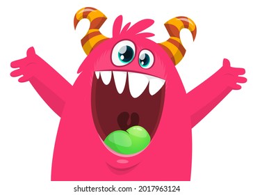 Funny cartoon monster character waving hands. Illustration of cute and happy mythical alien creature. Halloween design. Great for party decoration or package design