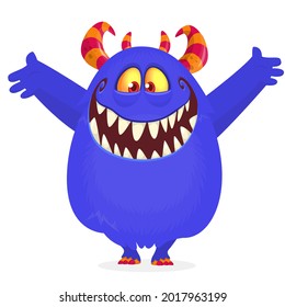 Funny cartoon monster character waving hands. Illustration of cute and happy mythical alien creature. Halloween design. Great for party decoration or package design
