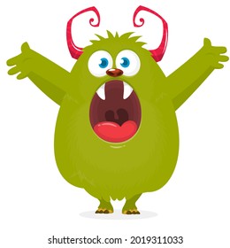 Funny cartoon monster character waving hands. Illustration of cute and happy mythical alien creature. Halloween design. Great for party decoration or package design