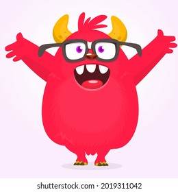 Funny cartoon monster character waving hands. Illustration of cute and happy mythical alien creature. Halloween design. Great for party decoration or package design