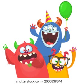 Funny cartoon monster characters set card for birthday party. Illustration of happy alien creatures. Package or invitation design. Vector isolated