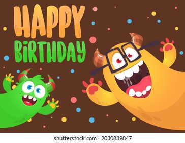 Funny cartoon monster characters set card for birthday party. Illustration of happy alien creatures. Package or invitation design. Vector isolated