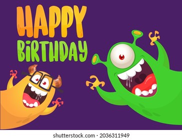 Funny cartoon monster characters set card for birthday party. Illustration of happy alien creatures. Package or invitation design. Vector isolated