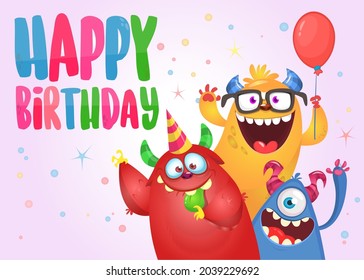 Funny cartoon monster characters set card for birthday party. Illustration of happy alien creatures. Package or invitation design. Vector isolated