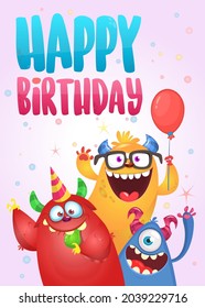 Funny cartoon monster characters set card for birthday party. Illustration of happy alien creatures. Package or invitation design. Vector isolated