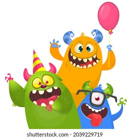 Funny cartoon monster characters set card for birthday party. Illustration of happy alien creatures. Package or invitation design. Vector isolated