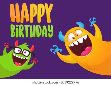 Funny cartoon monster characters set card for birthday party. Illustration of happy alien creatures. Package or invitation design. Vector isolated