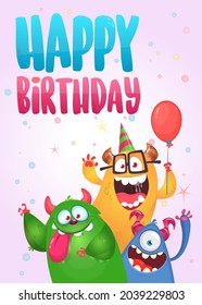 Funny cartoon monster characters set card for birthday party. Illustration of happy alien creatures. Package or invitation design. Vector isolated