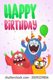 Funny cartoon monster characters set card for birthday party. Illustration of happy alien creatures. Package or invitation design. Vector isolated