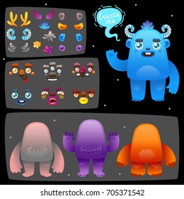 Funny cartoon monster constructor, body parts and different elements to construct creatures for children's game, app, kids toys, design, vector.