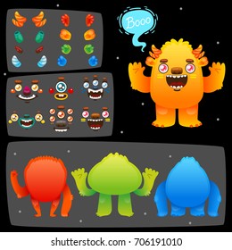 Funny cartoon monster constructor, body parts and different elements to construct creatures for children's game, app, kids toys, design, vector.
