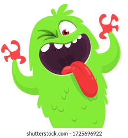 Funny cartoon monster creature waving hands. Vector Halloween illustration.