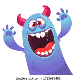 Funny cartoon monster creature waving hands. Vector Halloween illustration.
