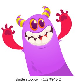 Funny cartoon monster creature waving hands. Vector Halloween illustration.