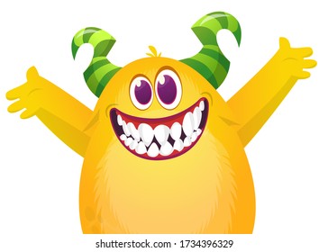 Funny cartoon monster creature waving hands. Vector Halloween illustration.