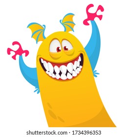 Funny cartoon monster creature waving hands. Vector Halloween illustration.
