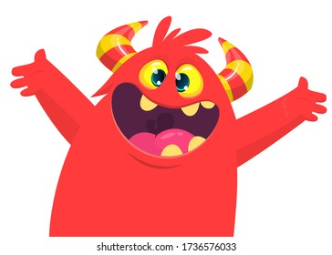 Funny cartoon monster creature waving hands. Vector Halloween illustration.