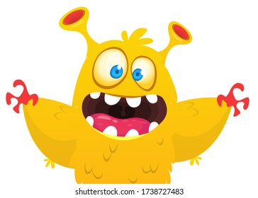 Funny cartoon monster creature waving hands. Vector Halloween illustration.