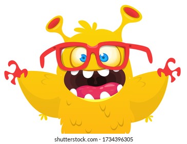 Funny cartoon monster creature wearing eyeglasses. Vector Halloween illustration.