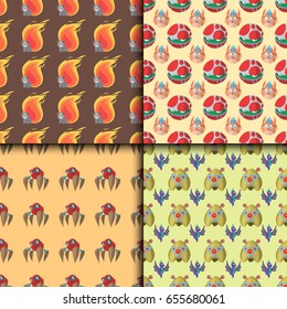 Funny cartoon monster cute alien character creature illustration seamless pattern colorful animal vector.