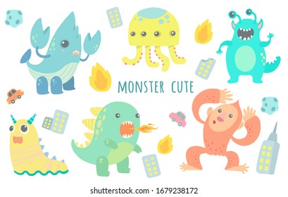 Funny cartoon monster cute.Hand drawn,Vector illustration.