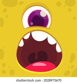 Funny cartoon monster cyclops face with one eye. Illustration of cute and happy mythical alien creature expression. Halloween design