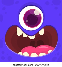 Funny cartoon monster cyclops face with one eye. Illustration of cute and happy mythical alien creature expression. Halloween design