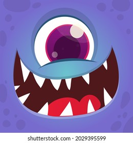 Funny cartoon monster cyclops face with one eye. Illustration of cute and happy mythical alien creature expression. Halloween design