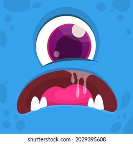 Funny cartoon monster cyclops face with one eye. Illustration of cute and happy mythical alien creature expression. Halloween design