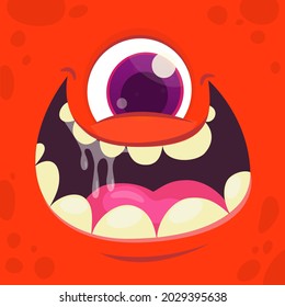 Funny cartoon monster cyclops face with one eye. Illustration of cute and happy mythical alien creature expression. Halloween design