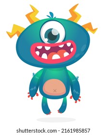 Funny cartoon monster cyclops with one eye. Halloween Illustration of happy alien character. Package or logo design. Vector isolated