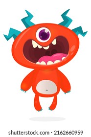 Funny cartoon monster cyclops with one eye. Halloween Illustration of happy alien character. Package or logo design. Vector isolated