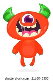 Funny cartoon monster cyclops with one eye. Halloween Illustration of happy alien character. Package or logo design. Vector isolated