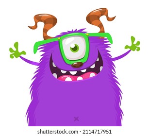 Funny cartoon monster cyclops waving hands. Illustration of happy mythical alien creature. Halloween party design. Vector isolated