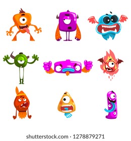 Funny cartoon monster with different emotions, colorful fabulous alien characters vector Illustration