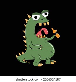 Funny Cartoon Monster Drink, Drink Beer Vector Illustration For T-shirt, Sticker Etc.