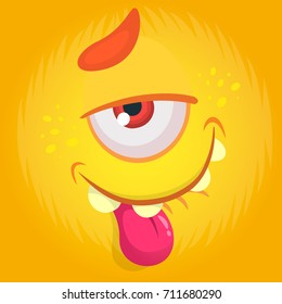 Funny cartoon monster with funny expression showing tongue. Halloween vector illustration. Monster face avatar