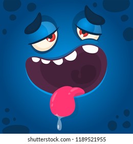 Funny cartoon monster face with big eyes showing tongue. Vector Halloween blue monster