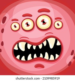 Funny cartoon monster face with crazy eyes. Cheerful face emotions. Illustration of cute, wicked mythical alien creature expression. Halloween party design for kids. Vector isolated
