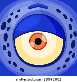 Funny cartoon monster face with crazy eyes. Cheerful face emotions. Illustration of cute, wicked mythical alien creature expression. Halloween party design for kids. Vector isolated