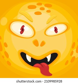 Funny cartoon monster face with crazy eyes. Cheerful face emotions. Illustration of cute, wicked mythical alien creature expression. Halloween party design for kids. Vector isolated