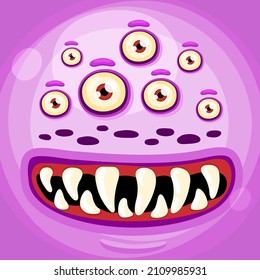 Funny cartoon monster face with crazy eyes. Cheerful face emotions. Illustration of cute, wicked mythical alien creature expression. Halloween party design for kids. Vector isolated