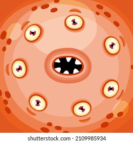Funny cartoon monster face with crazy eyes. Cheerful face emotions. Illustration of cute, wicked mythical alien creature expression. Halloween party design for kids. Vector isolated