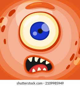 Funny cartoon monster face with crazy eyes. Cheerful face emotions. Illustration of cute, wicked mythical alien creature expression. Halloween party design for kids. Vector isolated