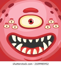 Funny cartoon monster face with crazy eyes. Cheerful face emotions. Illustration of cute, wicked mythical alien creature expression. Halloween party design for kids. Vector isolated
