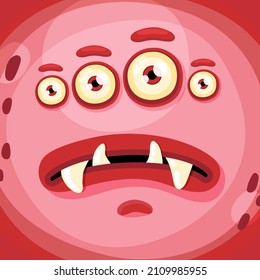 Funny cartoon monster face with crazy eyes. Cheerful face emotions. Illustration of cute, wicked mythical alien creature expression. Halloween party design for kids. Vector isolated