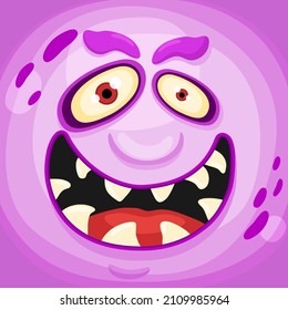 Funny cartoon monster face with crazy eyes. Cheerful face emotions. Illustration of cute, wicked mythical alien creature expression. Halloween party design for kids. Vector isolated